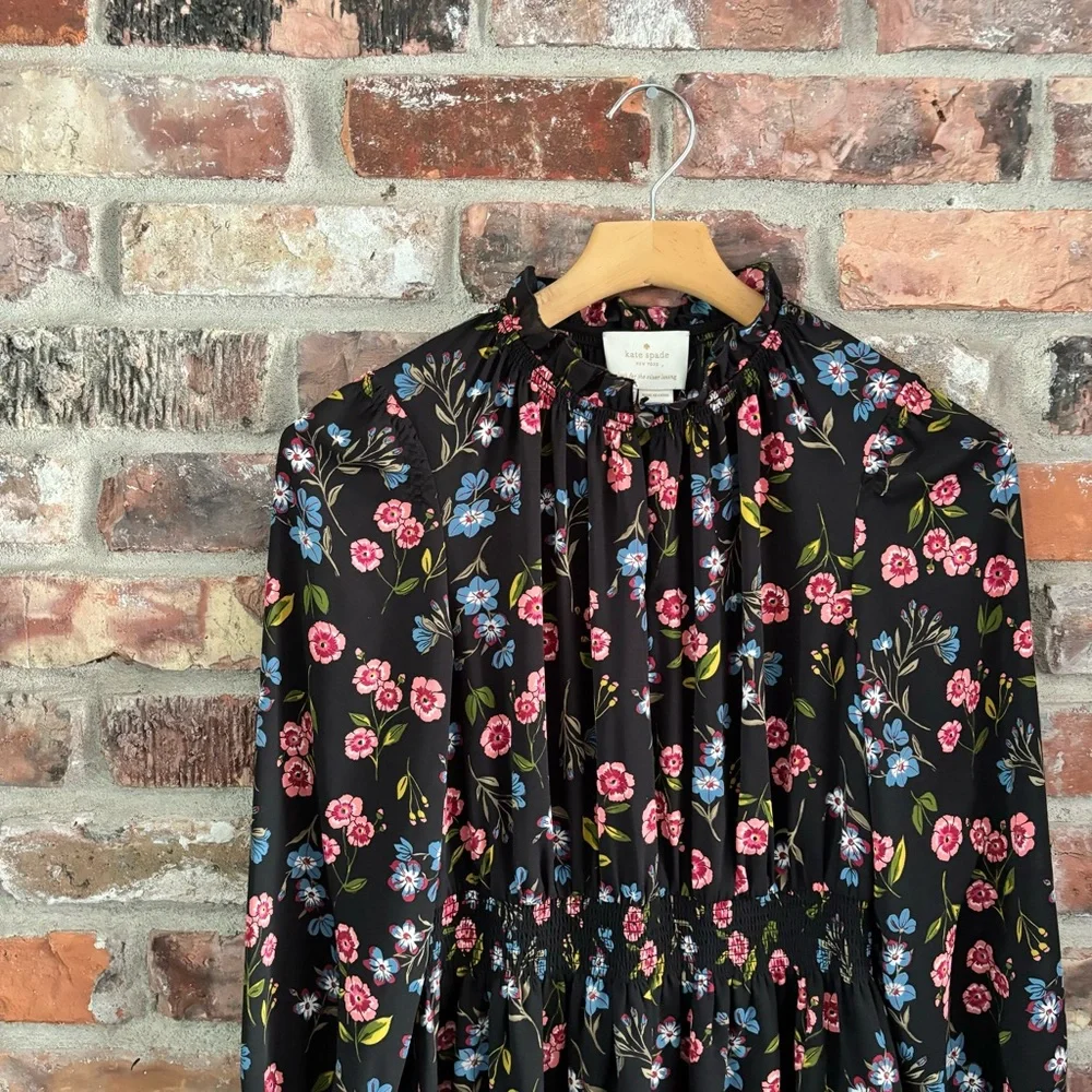 Kate Spade Black Floral Smock Waist Dress, S